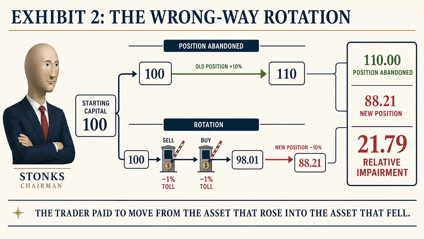 A wrong-way rotation turns 100 into 88.21 after two hypothetical transaction tolls and a 10 percent decline, while the abandoned position rises to 110