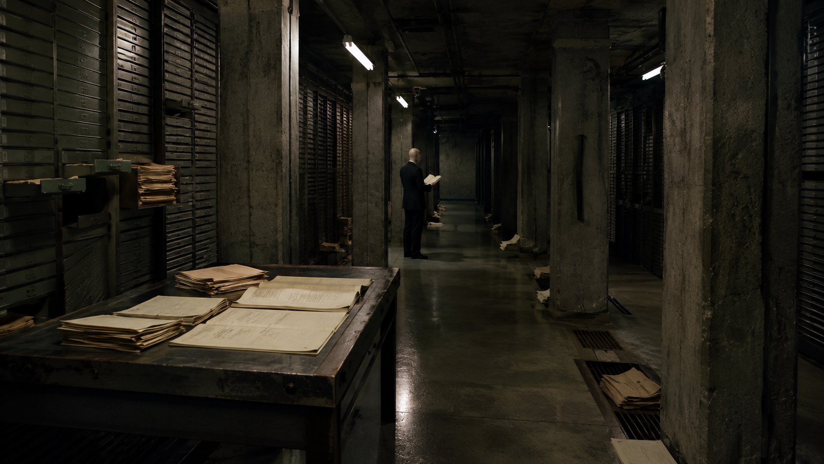 The Chairman inspects an open ledger deep inside an institutional records vault lined with contractual filings