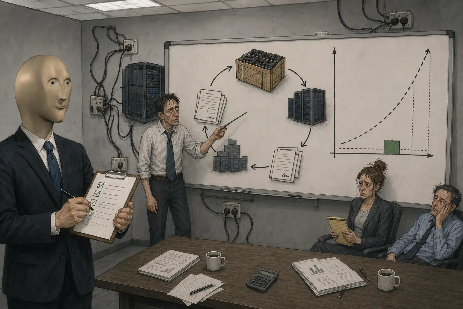 Consultants present the circular compute-financing programme and its forecast-versus-return graph while the Chairman records that all workstreams are green