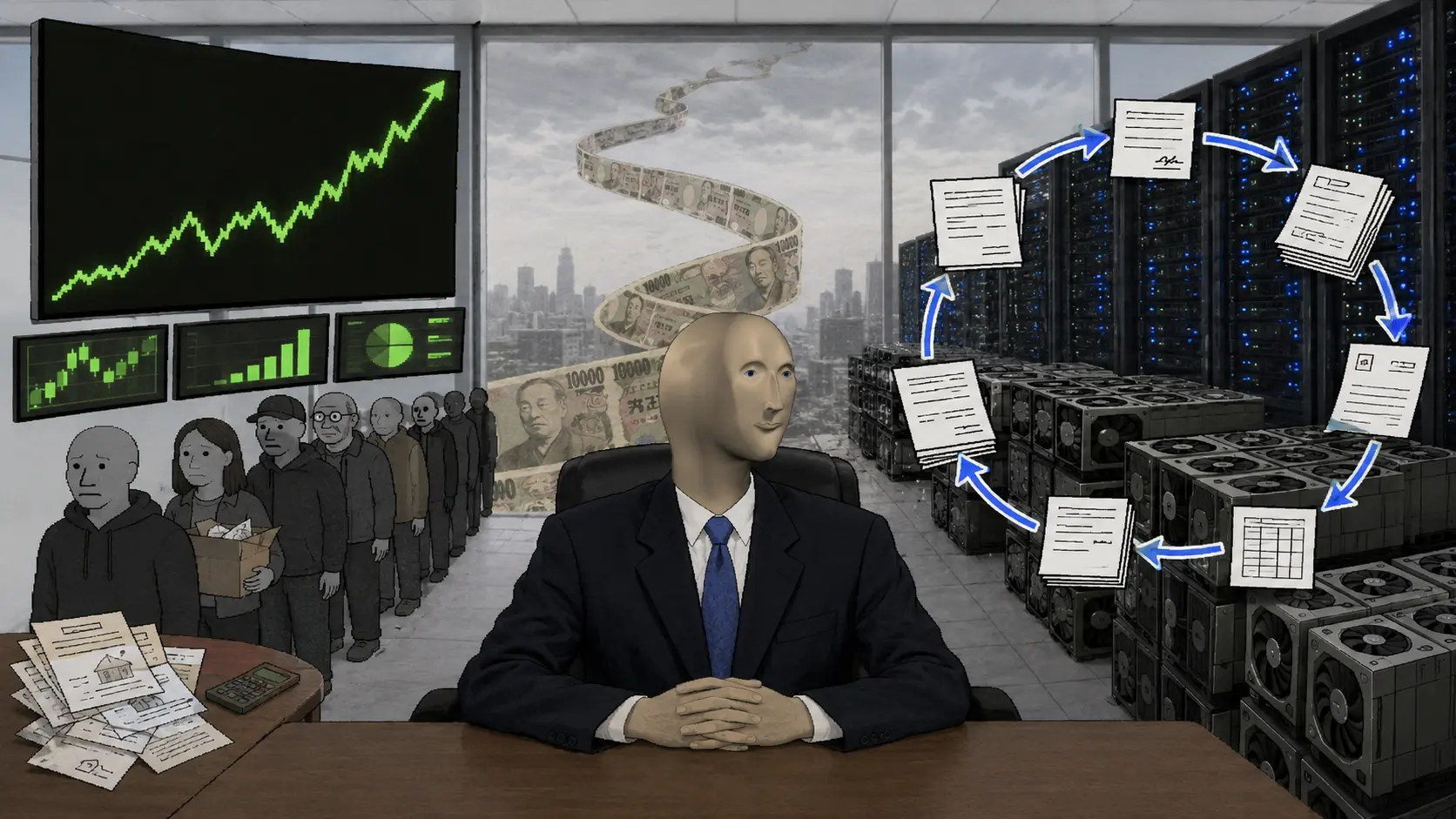 The Chairman presides over record markets, household strain, yen funding and circular AI finance