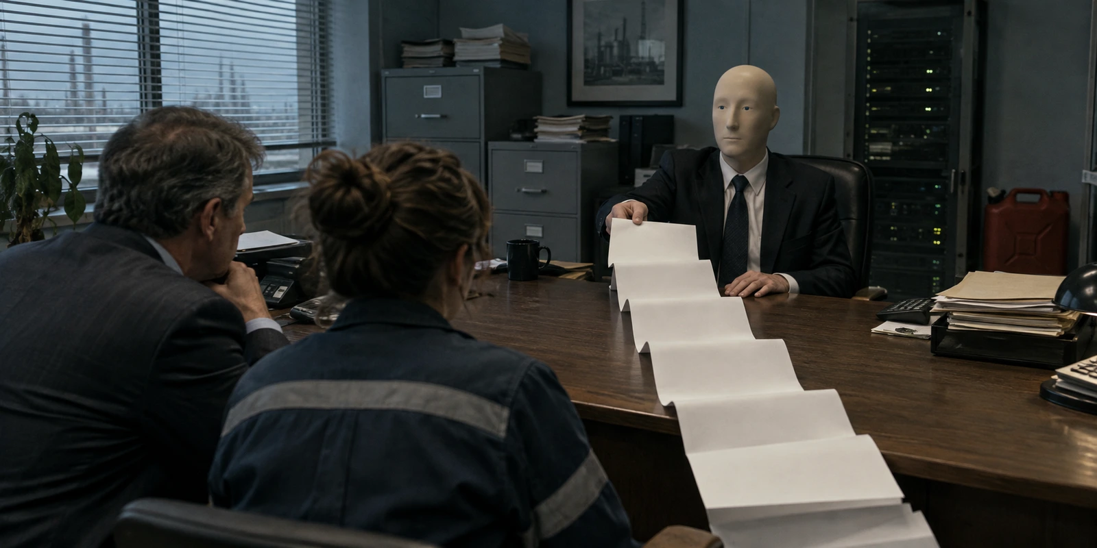 In a drab office, the mannequin-headed Chairman extends a long folded sheet across his desk to two human visitors. Papers, filing cabinets and a server rack surround the meeting.