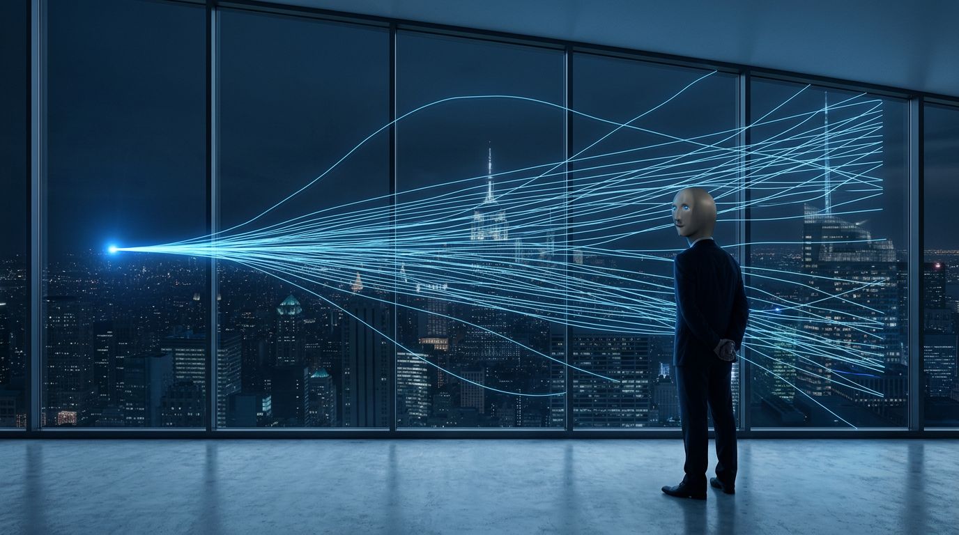The Chairman stands before a wall of windows at night, watching a single point of light fan out into dozens of diverging lines across the city skyline