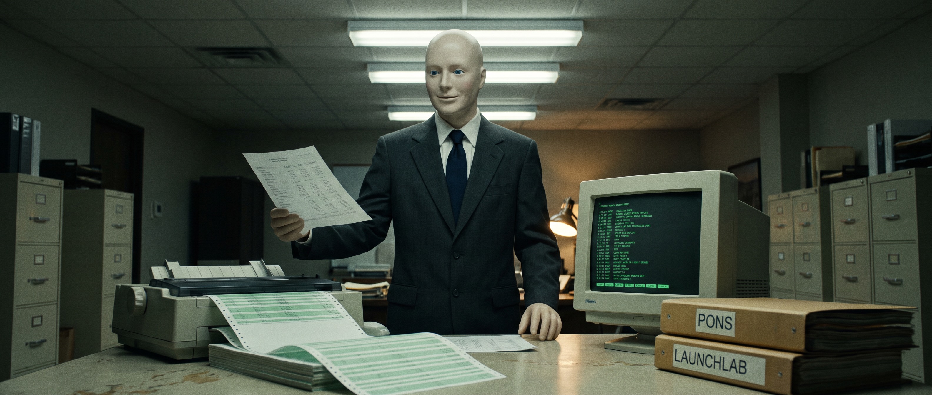 The Chairman in the Research Department holding a comparable-analysis table beside filing folders labelled PONS and LAUNCHLAB