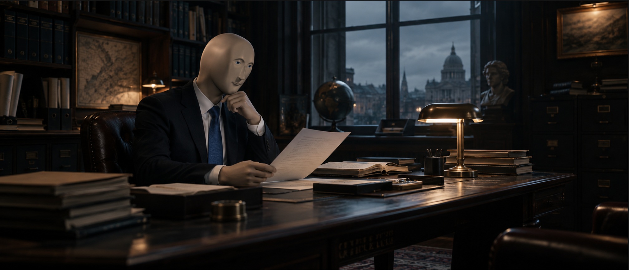 The Chairman reviewing research at his desk in a dark office