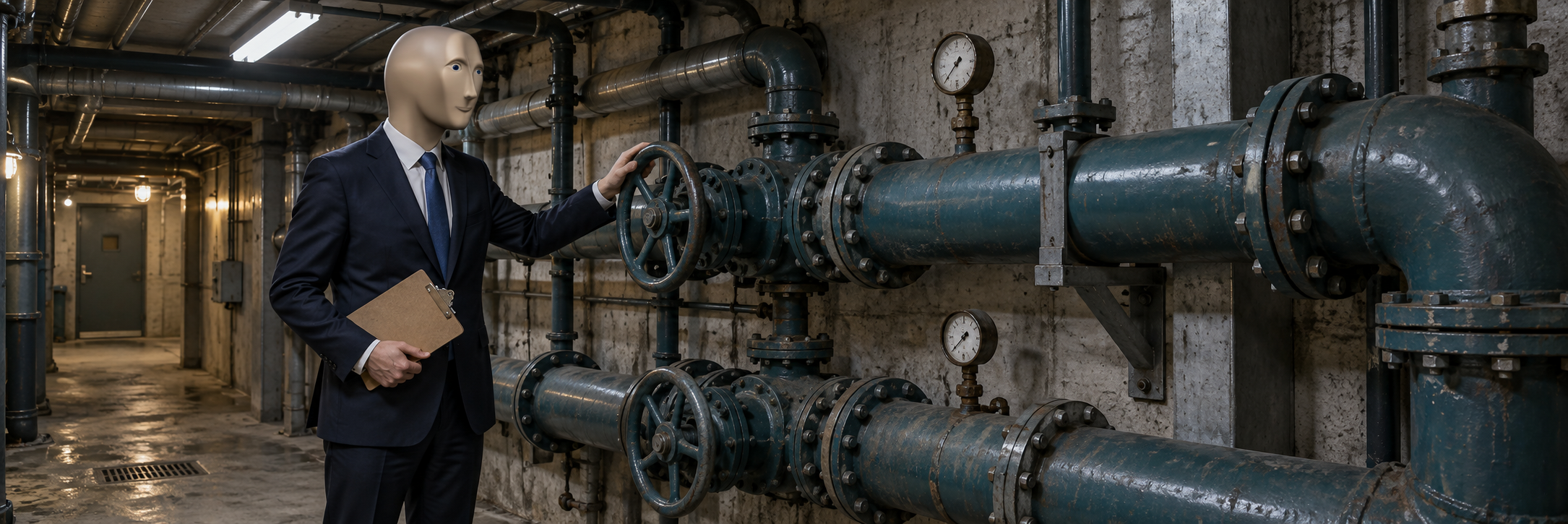 The Chairman holding a clipboard beside two connected pipes in a basement plant room